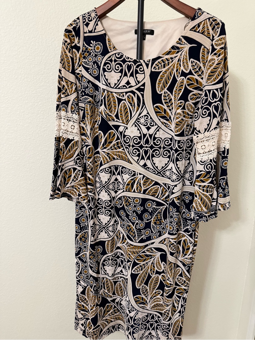 Navy, Taupe and Cream Patterned Women's Dress with Lace Trim